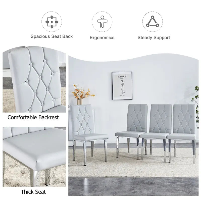 Lot de 4 chaises de salle à manger modernes sans accoudoirs avec dossier capitonné à carreaux et clous, pieds en métal, pour salle à manger, salon et chambre à coucher