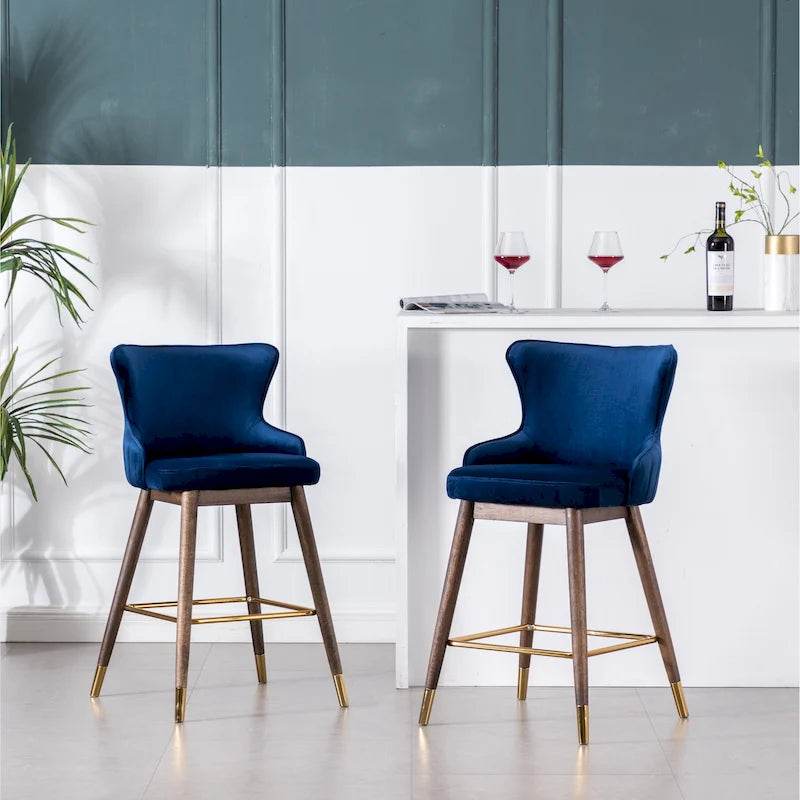 Lot de 2 tabourets de bar modernes en tissu avec dossier et assise rembourrés en mousse, pieds en bois massif, pour îlot de cuisine, salle à manger, salon