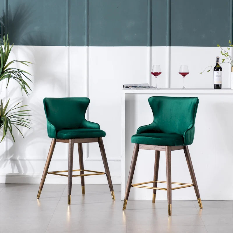 Lot de 2 tabourets de bar modernes en tissu avec dossier et assise rembourrés en mousse, pieds en bois massif, pour îlot de cuisine, salle à manger, salon