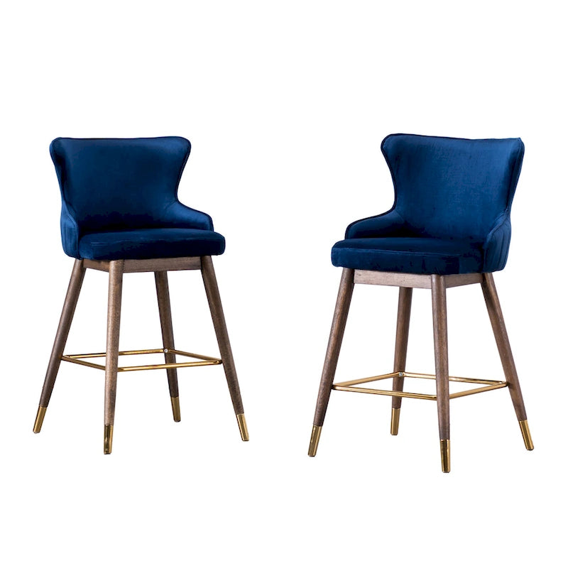 Lot de 2 tabourets de bar modernes en tissu avec dossier et assise rembourrés en mousse, pieds en bois massif, pour îlot de cuisine, salle à manger, salon