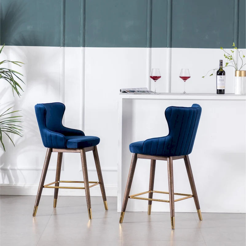 Lot de 2 tabourets de bar modernes en tissu avec dossier et assise rembourrés en mousse, pieds en bois massif, pour îlot de cuisine, salle à manger, salon