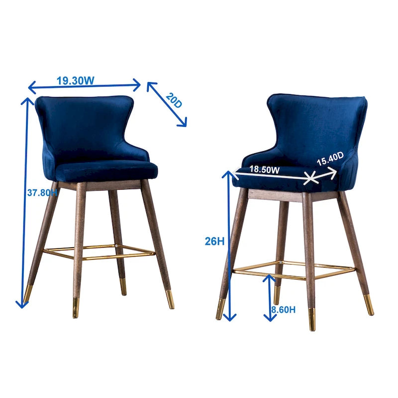 Lot de 2 tabourets de bar modernes en tissu avec dossier et assise rembourrés en mousse, pieds en bois massif, pour îlot de cuisine, salle à manger, salon