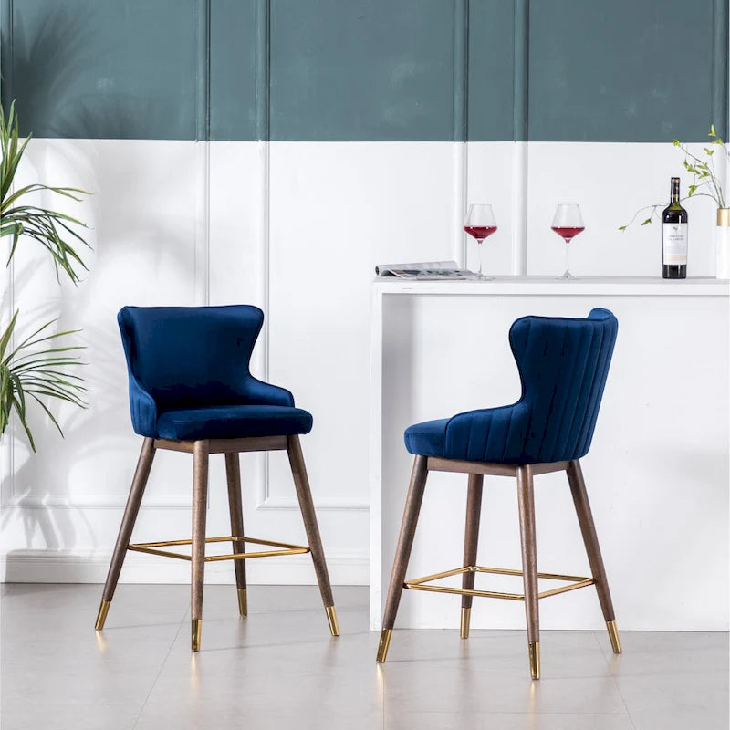 Lot de 2 tabourets de bar modernes en tissu avec dossier et assise rembourrés en mousse, pieds en bois massif, pour îlot de cuisine, salle à manger, salon