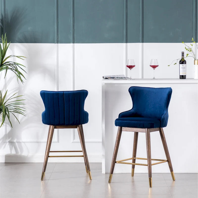 Lot de 2 tabourets de bar modernes en tissu avec dossier et assise rembourrés en mousse, pieds en bois massif, pour îlot de cuisine, salle à manger, salon
