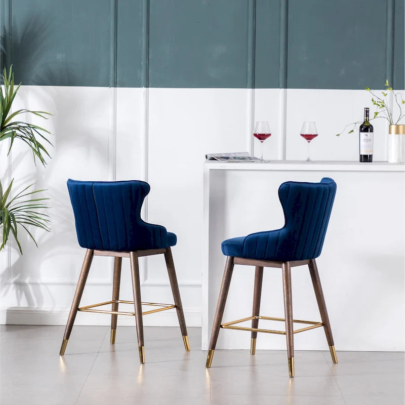 Lot de 2 tabourets de bar modernes en tissu avec dossier et assise rembourrés en mousse, pieds en bois massif, pour îlot de cuisine, salle à manger, salon