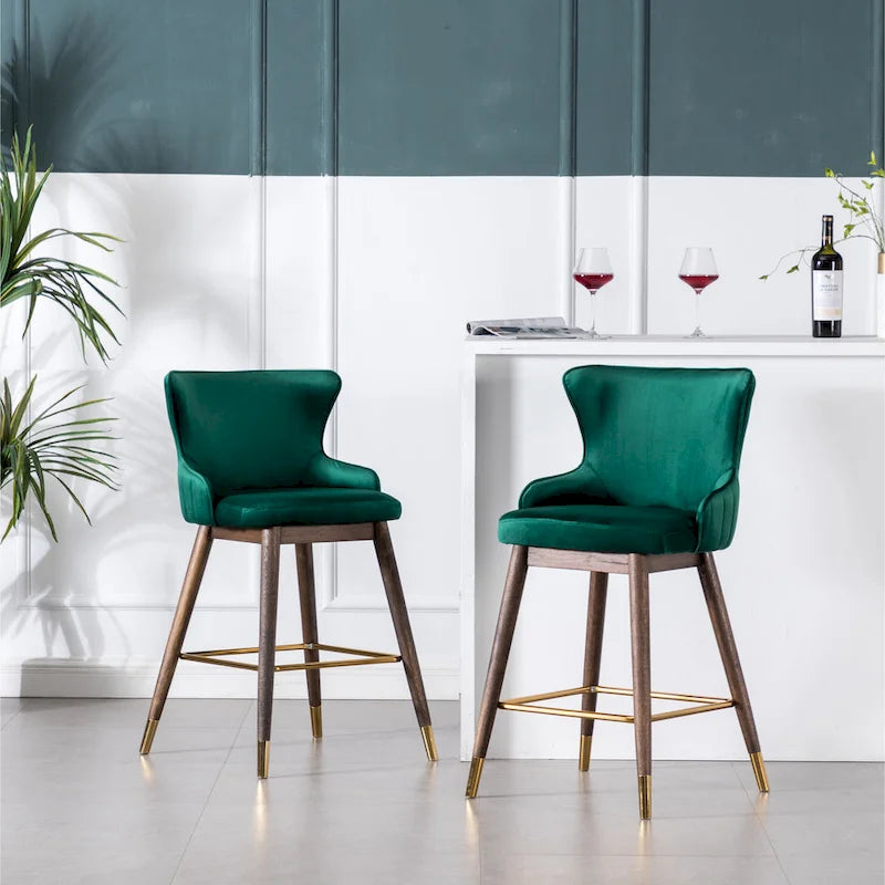 Lot de 2 tabourets de bar modernes en tissu avec dossier et assise rembourrés en mousse, pieds en bois massif, pour îlot de cuisine, salle à manger, salon