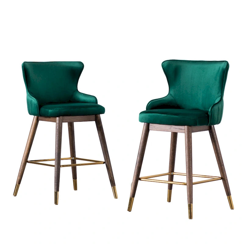 Lot de 2 tabourets de bar modernes en tissu avec dossier et assise rembourrés en mousse, pieds en bois massif, pour îlot de cuisine, salle à manger, salon