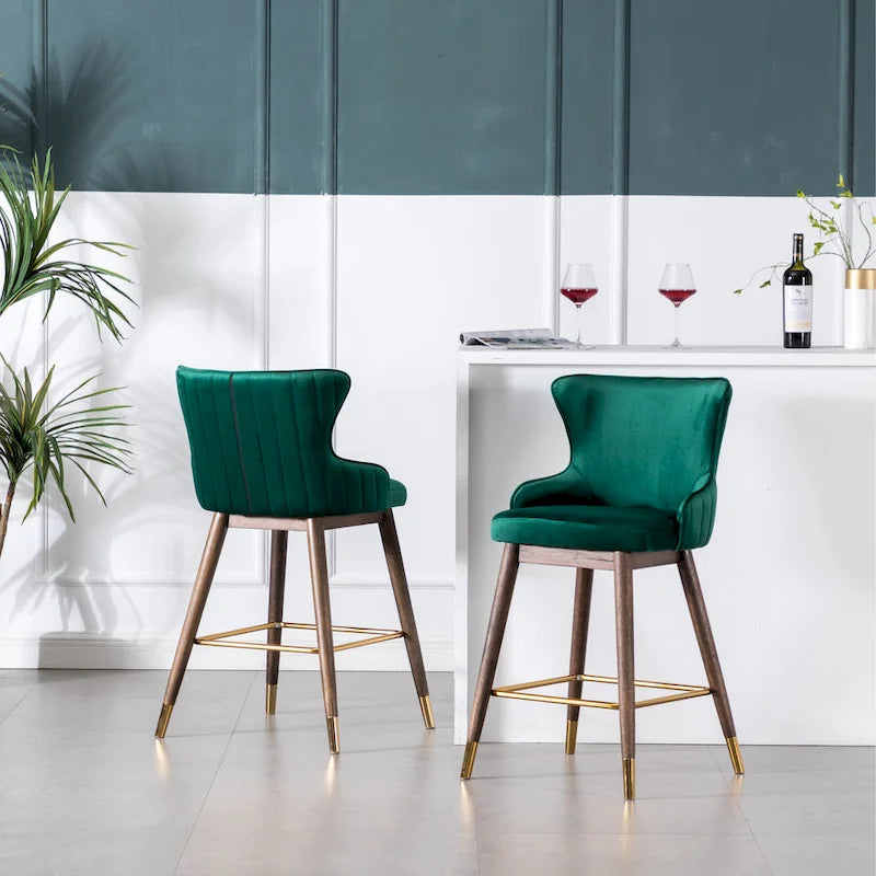 Lot de 2 tabourets de bar modernes en tissu avec dossier et assise rembourrés en mousse, pieds en bois massif, pour îlot de cuisine, salle à manger, salon