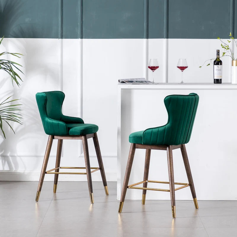 Lot de 2 tabourets de bar modernes en tissu avec dossier et assise rembourrés en mousse, pieds en bois massif, pour îlot de cuisine, salle à manger, salon