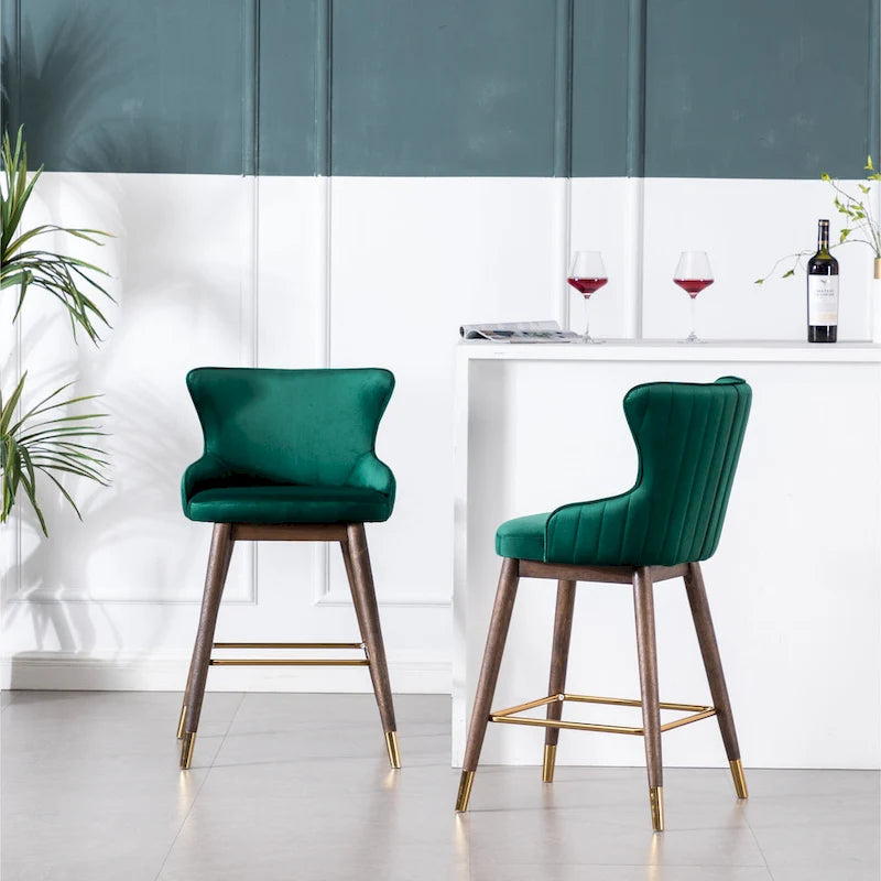 Lot de 2 tabourets de bar modernes en tissu avec dossier et assise rembourrés en mousse, pieds en bois massif, pour îlot de cuisine, salle à manger, salon