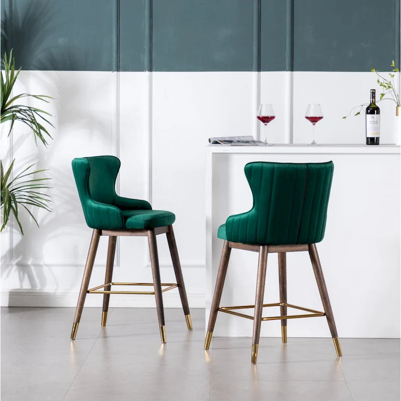 Lot de 2 tabourets de bar modernes en tissu avec dossier et assise rembourrés en mousse, pieds en bois massif, pour îlot de cuisine, salle à manger, salon