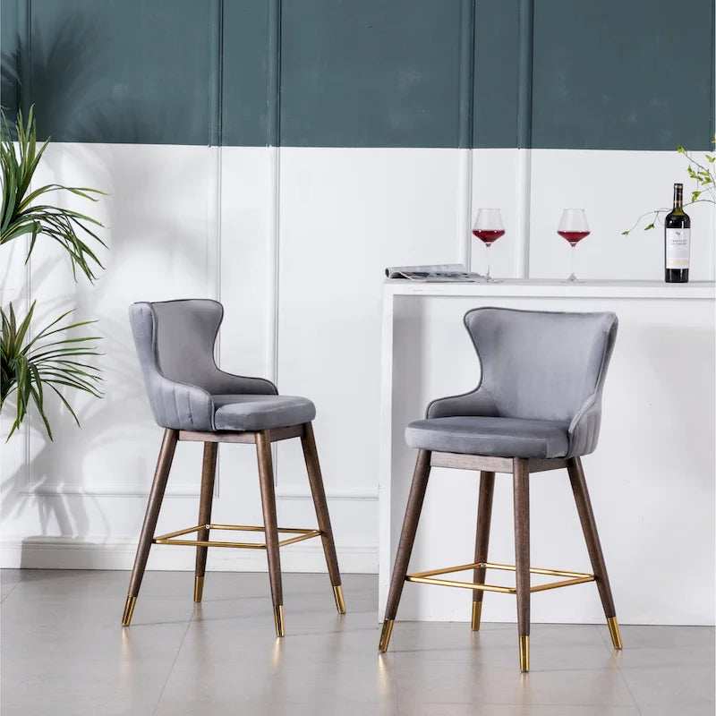 Lot de 2 tabourets de bar modernes en tissu avec dossier et assise rembourrés en mousse, pieds en bois massif, pour îlot de cuisine, salle à manger, salon