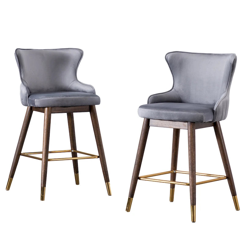 Lot de 2 tabourets de bar modernes en tissu avec dossier et assise rembourrés en mousse, pieds en bois massif, pour îlot de cuisine, salle à manger, salon