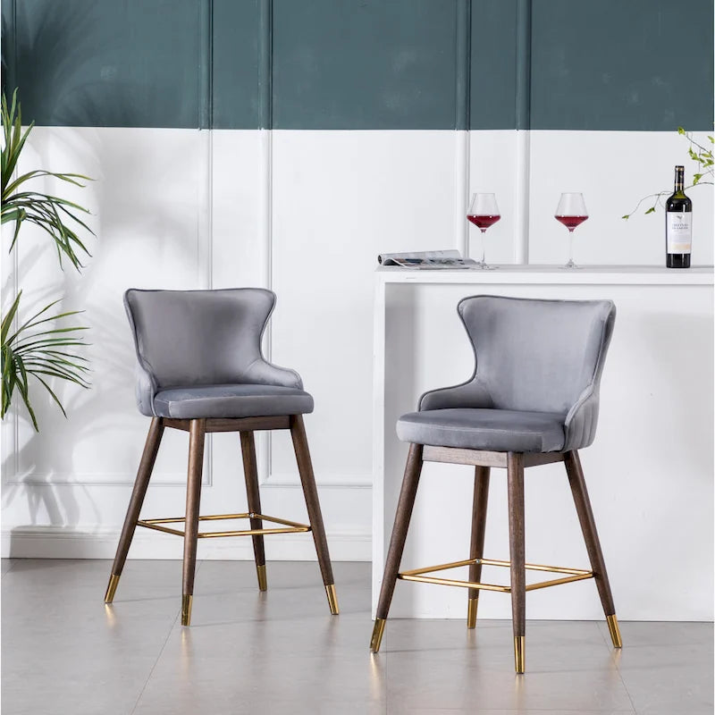 Lot de 2 tabourets de bar modernes en tissu avec dossier et assise rembourrés en mousse, pieds en bois massif, pour îlot de cuisine, salle à manger, salon