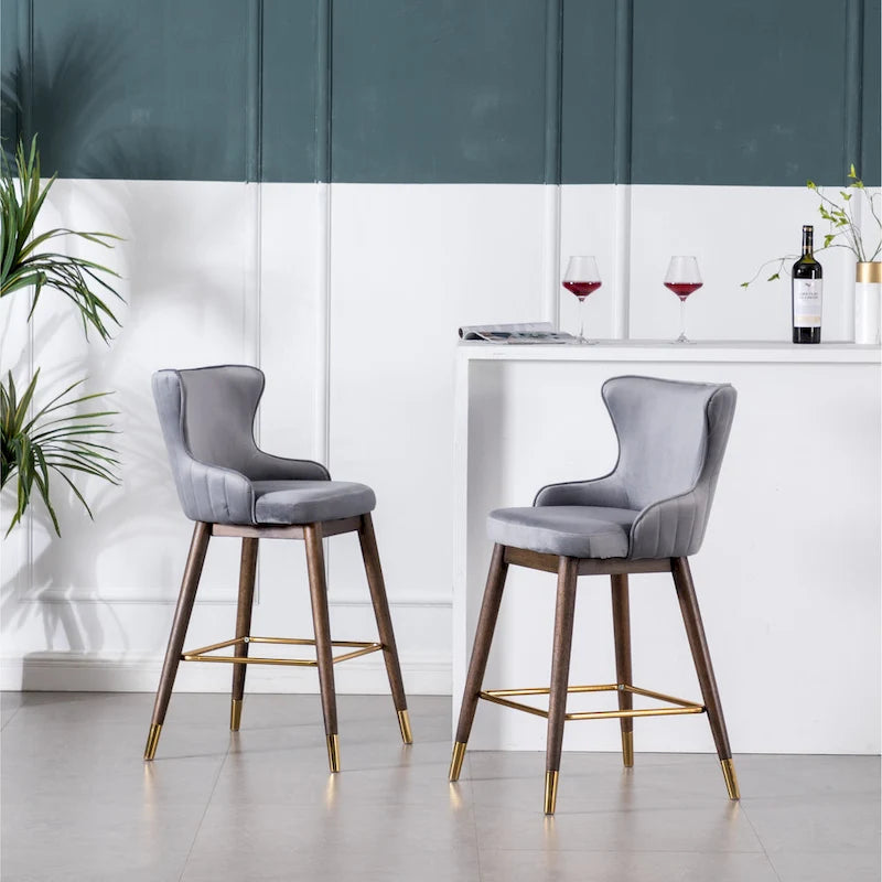 Lot de 2 tabourets de bar modernes en tissu avec dossier et assise rembourrés en mousse, pieds en bois massif, pour îlot de cuisine, salle à manger, salon