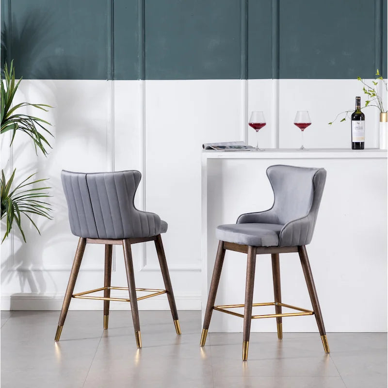 Lot de 2 tabourets de bar modernes en tissu avec dossier et assise rembourrés en mousse, pieds en bois massif, pour îlot de cuisine, salle à manger, salon