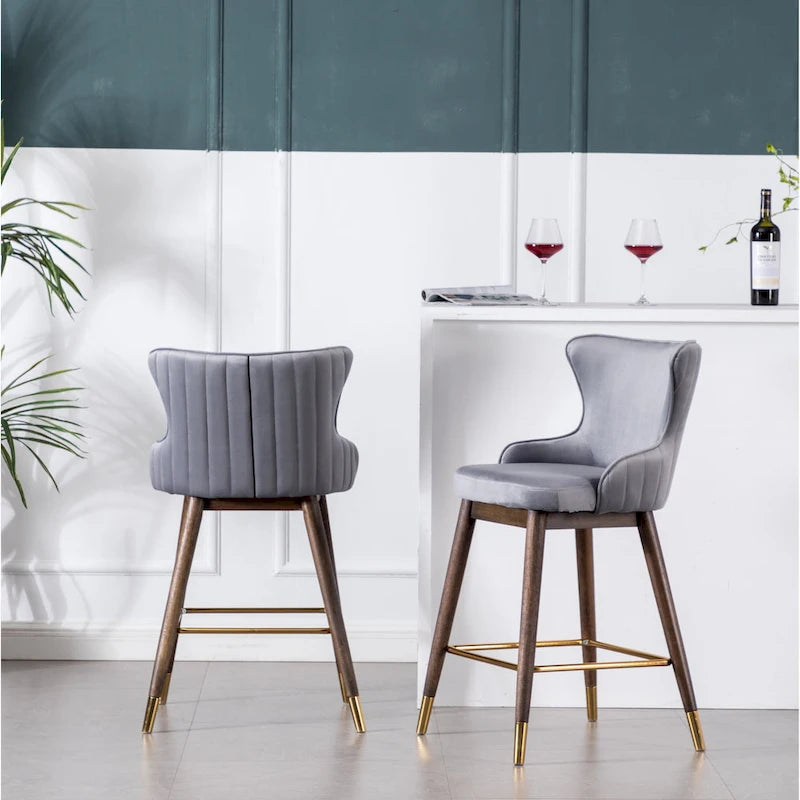 Lot de 2 tabourets de bar modernes en tissu avec dossier et assise rembourrés en mousse, pieds en bois massif, pour îlot de cuisine, salle à manger, salon