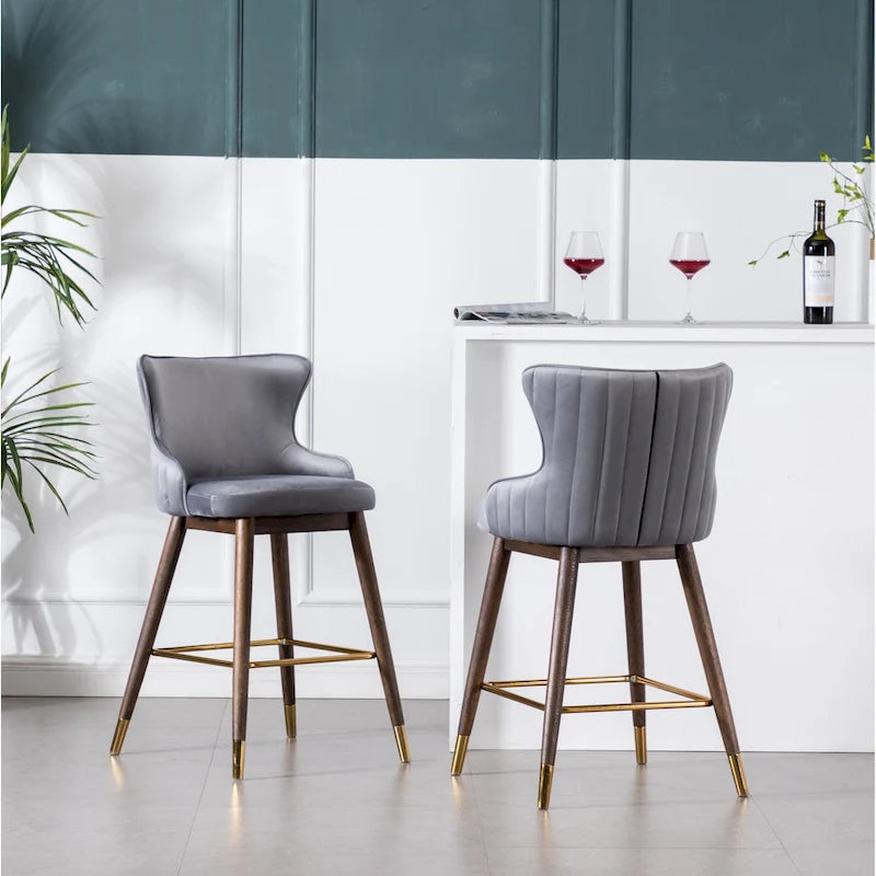 Lot de 2 tabourets de bar modernes en tissu avec dossier et assise rembourrés en mousse, pieds en bois massif, pour îlot de cuisine, salle à manger, salon