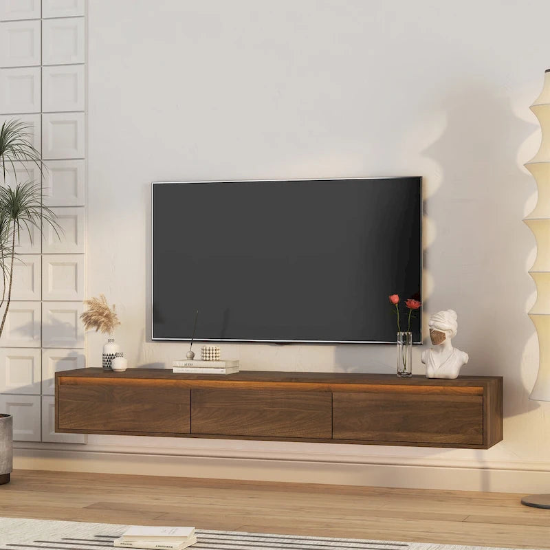 Meuble TV flottant, étagère TV murale avec lumières LED et prise de courant, meuble TV laqué brillant pour les meubles TV en bois de salon