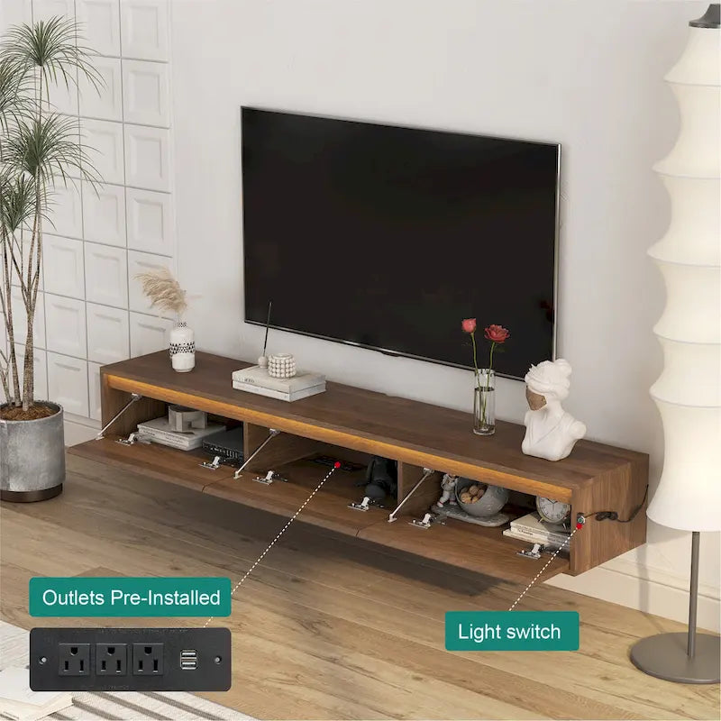 Meuble TV flottant, étagère TV murale avec lumières LED et prise de courant, meuble TV laqué brillant pour les meubles TV en bois de salon