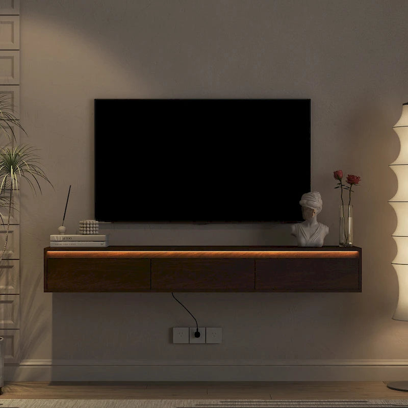 Meuble TV flottant, étagère TV murale avec lumières LED et prise de courant, meuble TV laqué brillant pour les meubles TV en bois de salon