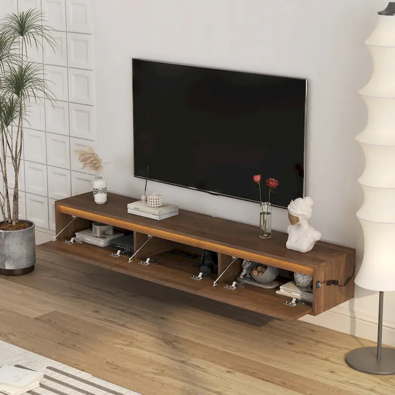 Meuble TV flottant, étagère TV murale avec lumières LED et prise de courant, meuble TV laqué brillant pour les meubles TV en bois de salon