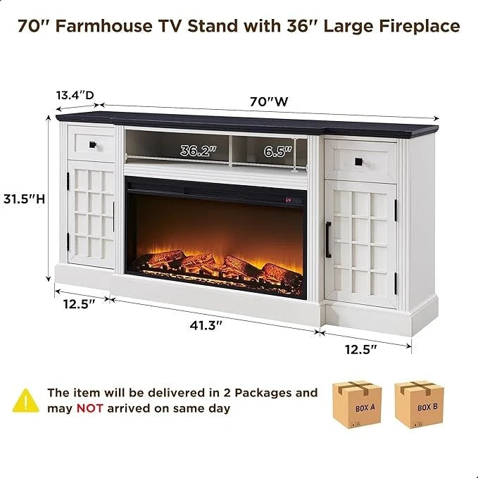 Meuble TV de ferme avec cheminée pour téléviseur de 80 pouces, meuble de divertissement de 70 pouces