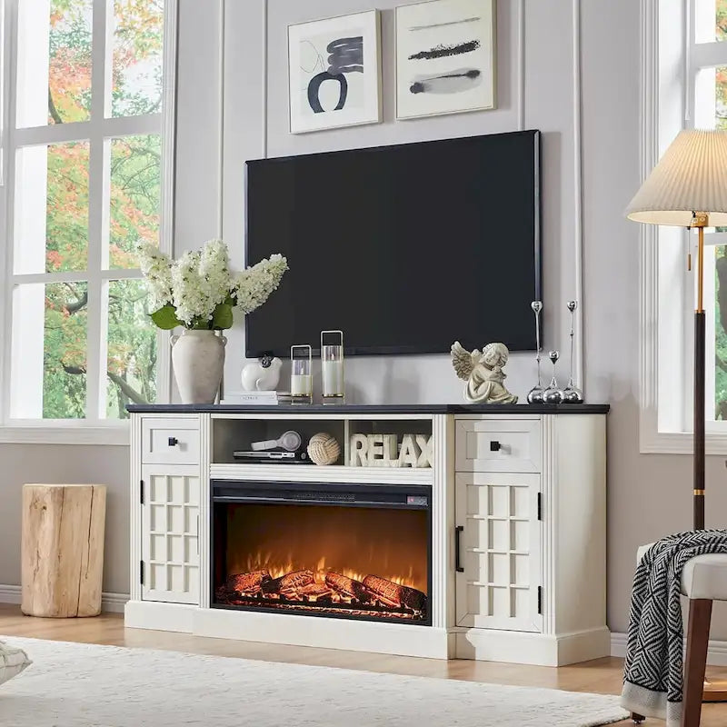 Meuble TV de ferme avec cheminée pour téléviseur de 80 pouces, meuble de divertissement de 70 pouces