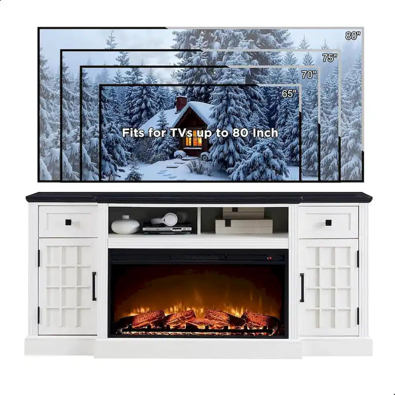 Meuble TV de ferme avec cheminée pour téléviseur de 80 pouces, meuble de divertissement de 70 pouces