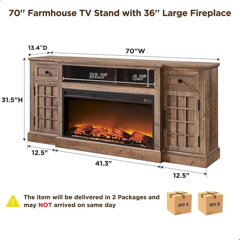 Meuble TV de ferme avec cheminée pour téléviseur de 80 pouces, meuble de divertissement de 70 pouces
