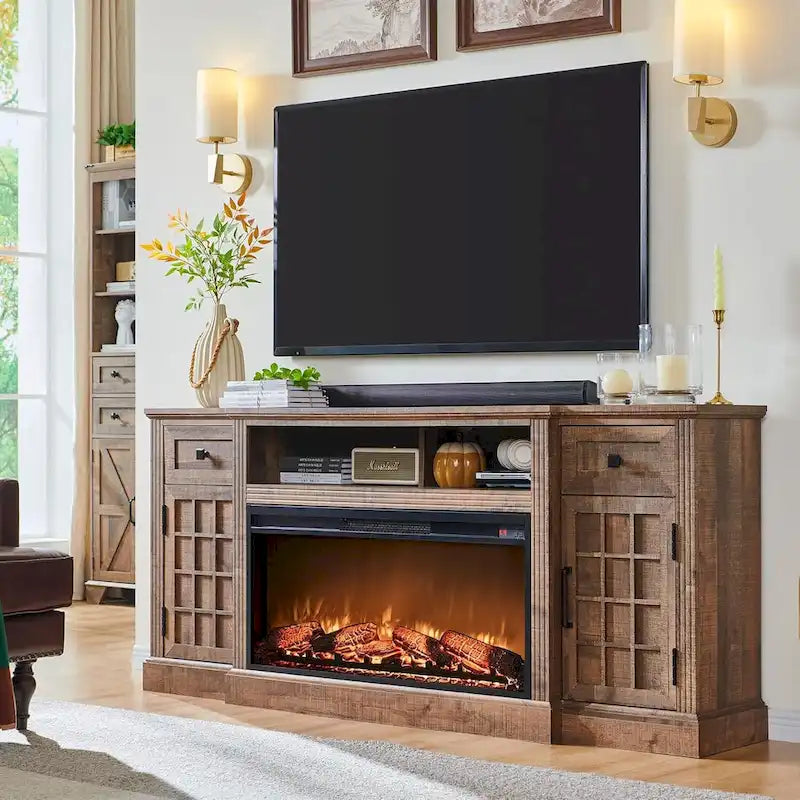 Meuble TV de ferme avec cheminée pour téléviseur de 80 pouces, meuble de divertissement de 70 pouces