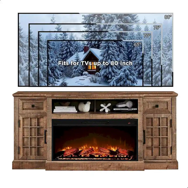 Meuble TV de ferme avec cheminée pour téléviseur de 80 pouces, meuble de divertissement de 70 pouces