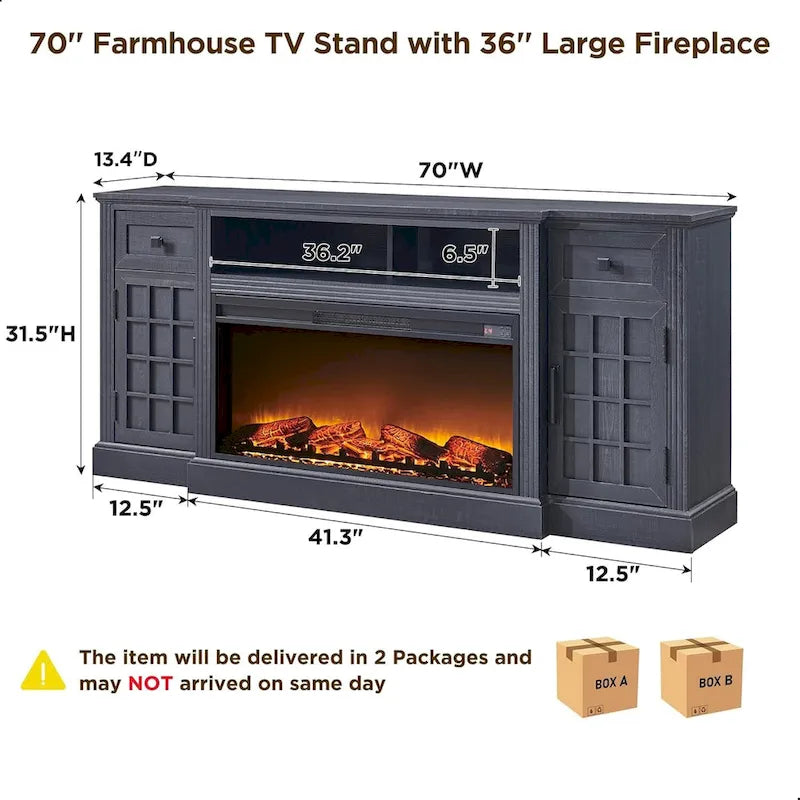 Meuble TV de ferme avec cheminée pour téléviseur de 80 pouces, meuble de divertissement de 70 pouces