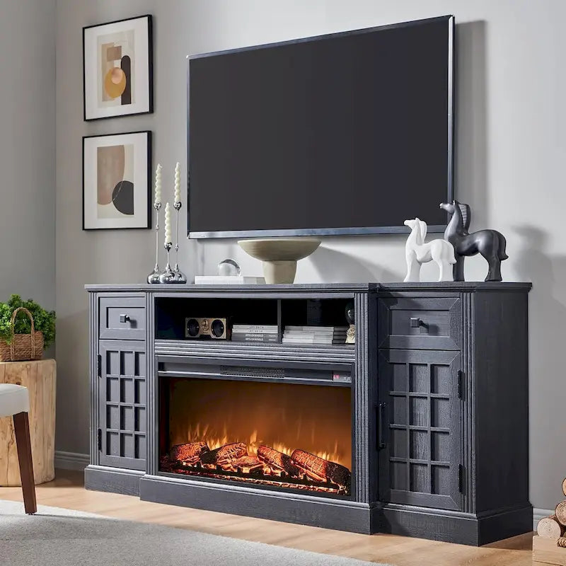 Meuble TV de ferme avec cheminée pour téléviseur de 80 pouces, meuble de divertissement de 70 pouces