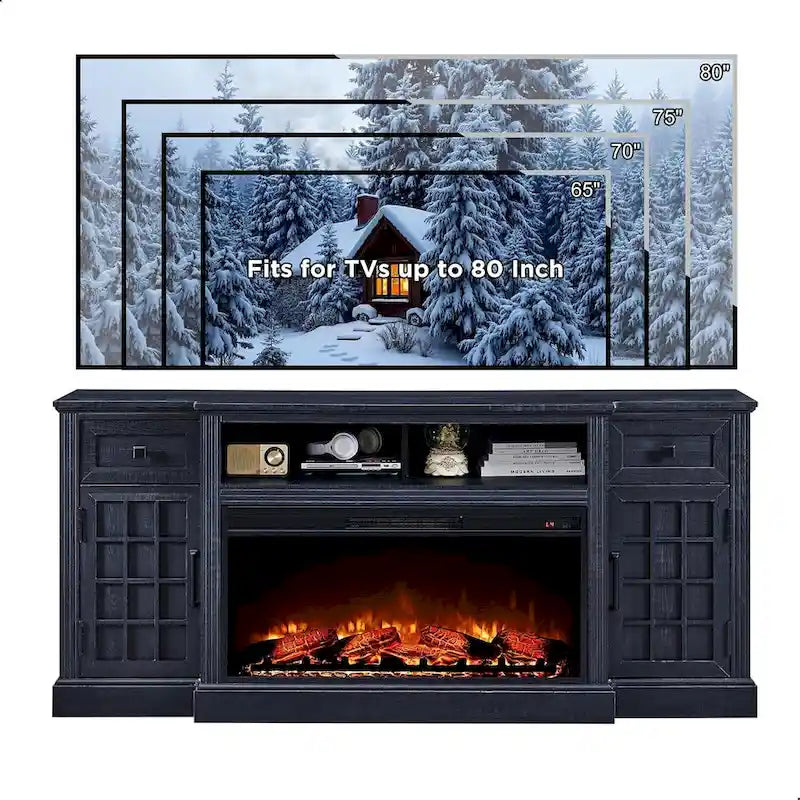 Meuble TV de ferme avec cheminée pour téléviseur de 80 pouces, meuble de divertissement de 70 pouces