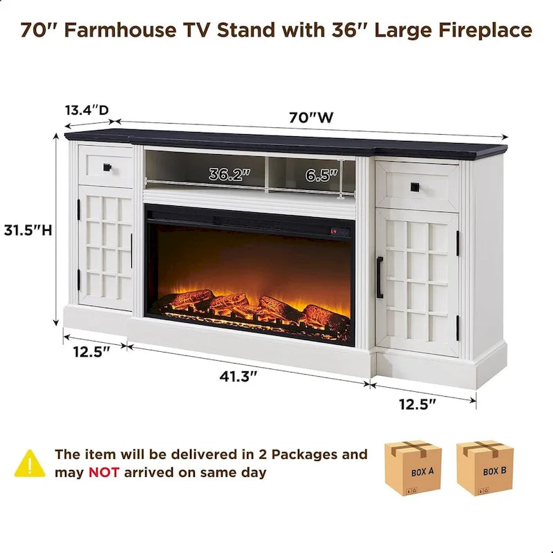 Meuble TV de ferme avec cheminée pour téléviseur de 80 pouces, meuble de divertissement de 70 pouces