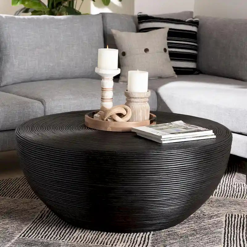 Table basse Tokyo en rotin naturel laminé - Table tambour fabriquée à la main pour salon, mobilier de style bohème côtier