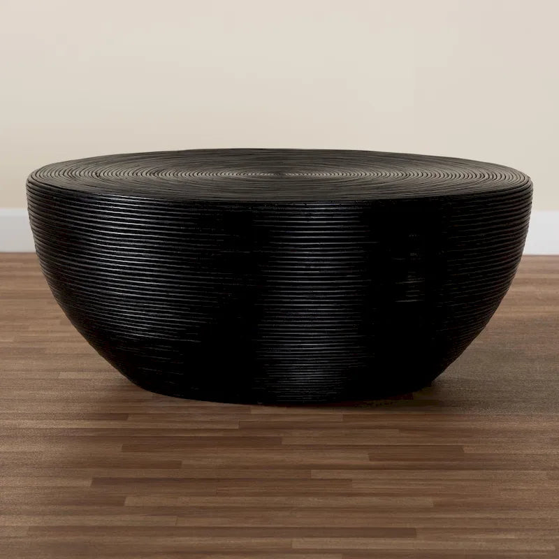 Table basse Tokyo en rotin naturel laminé - Table tambour fabriquée à la main pour salon, mobilier de style bohème côtier