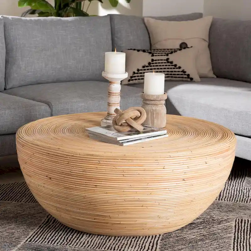 Table basse Tokyo en rotin naturel laminé - Table tambour fabriquée à la main pour salon, mobilier de style bohème côtier