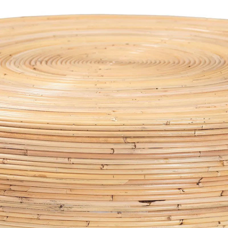 Table basse Tokyo en rotin naturel laminé - Table tambour fabriquée à la main pour salon, mobilier de style bohème côtier