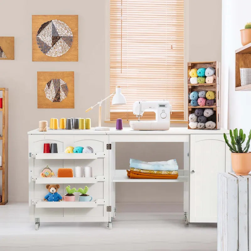 Table à coudre pliante Costway, armoire de rangement avec étagères, chariot d'artisanat - Voir détails