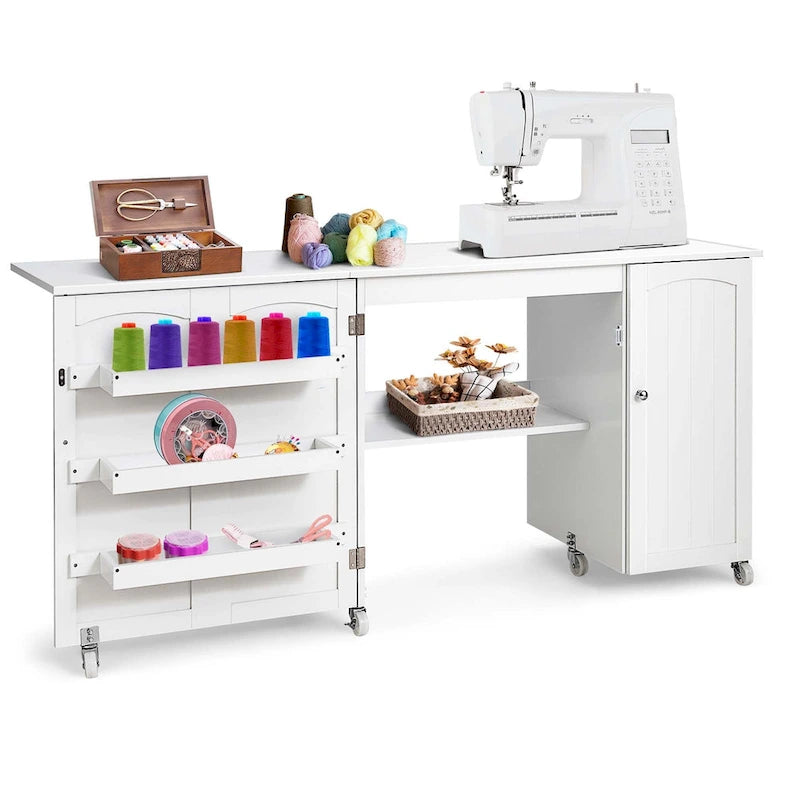 Table à coudre pliante Costway, armoire de rangement avec étagères, chariot d'artisanat - Voir détails