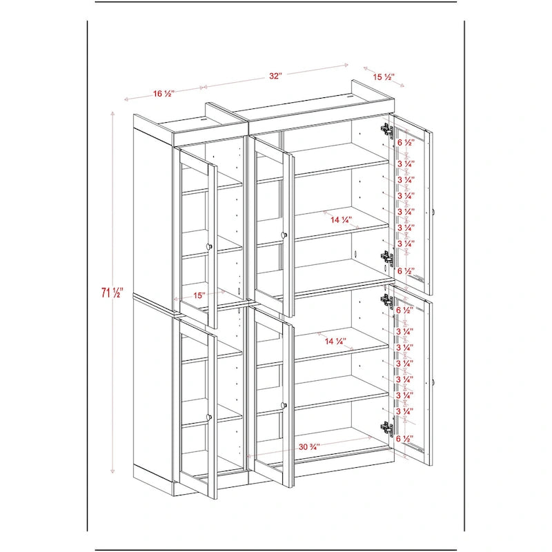 Palace Imports Buffet de cuisine en bois massif 100 % 48,5 avec portes vitrées transparentes et étagères réglables