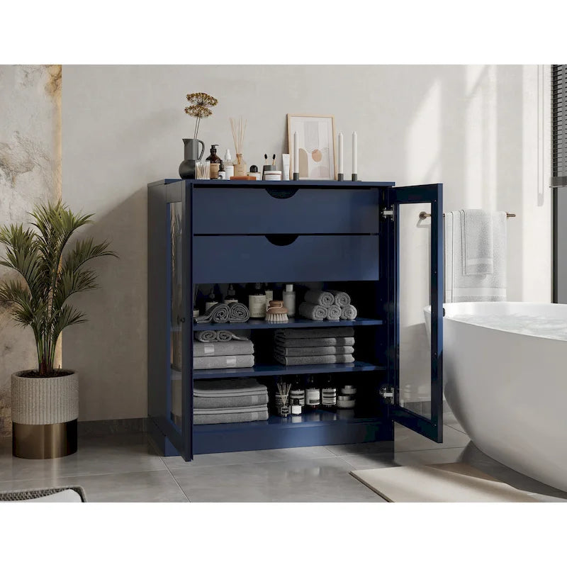Meuble de salle de bain Palace Imports 100 % en bois massif de 32 po avec portes en verre transparent, 2 tiroirs et tablettes réglables
