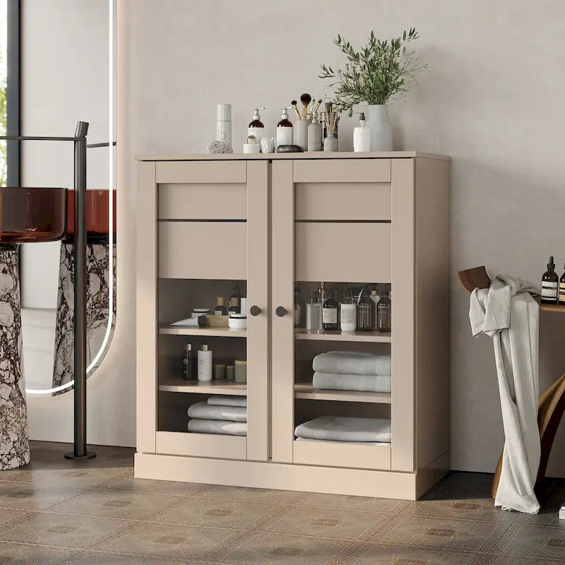 Meuble de salle de bain Palace Imports 100 % en bois massif de 32 po avec portes en verre transparent, 2 tiroirs et tablettes réglables