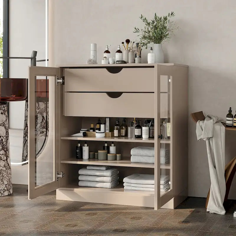 Meuble de salle de bain Palace Imports 100 % en bois massif de 32 po avec portes en verre transparent, 2 tiroirs et tablettes réglables