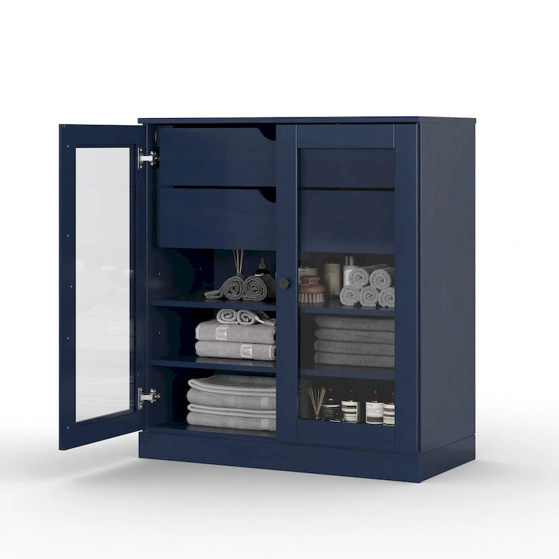 Meuble de salle de bain Palace Imports 100 % en bois massif de 32 po avec portes en verre transparent, 2 tiroirs et tablettes réglables