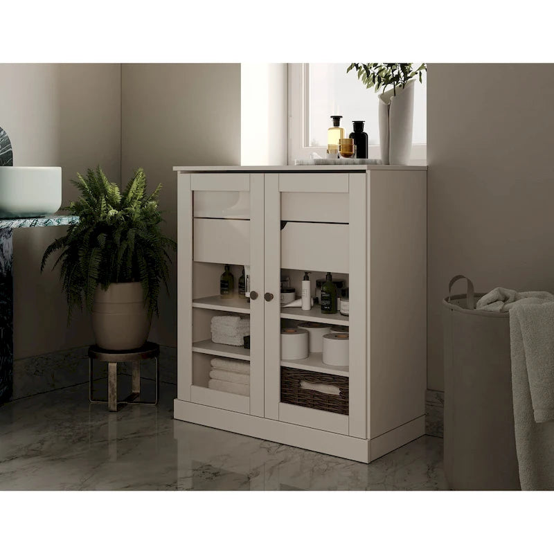 Meuble de salle de bain Palace Imports 100 % en bois massif de 32 po avec portes en verre transparent, 2 tiroirs et tablettes réglables
