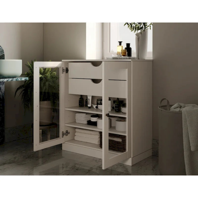 Meuble de salle de bain Palace Imports 100 % en bois massif de 32 po avec portes en verre transparent, 2 tiroirs et tablettes réglables