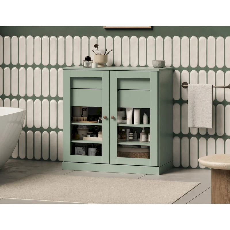 Meuble de salle de bain Palace Imports 100 % en bois massif de 32 po avec portes en verre transparent, 2 tiroirs et tablettes réglables